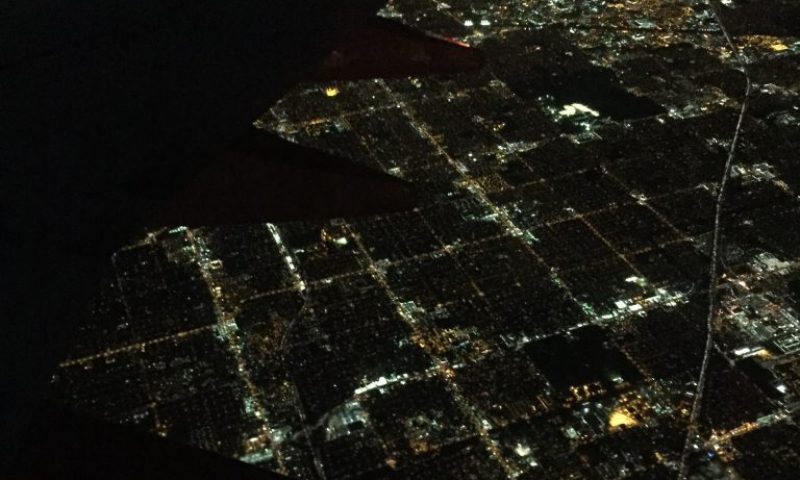 overhead view of a city at night